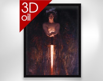 May include: A painting of a person holding a sword, standing in a dark, shadowy space. The sword is glowing with a bright light, illuminating the person's face and hands. The painting is done in a realistic style, with a focus on detail and texture.