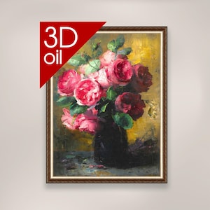 May include: A framed oil painting of a bouquet of pink roses in a black vase. The roses are arranged in a loose, natural style, and the background is a warm, golden yellow.