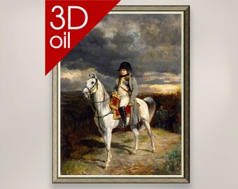May include: A painting of a man on horseback, wearing a military uniform and a black hat. The horse is white and the background is a cloudy sky.
