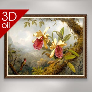 Martin Johnson Heade - Orchids and hummingbird | Museum Quality 3D Oil Canvas Print of Famous Artist Painting