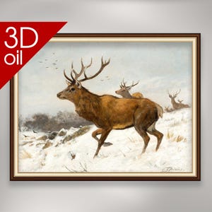 Carl Friedrich Deiker - Stags in the Snow | Museum Quality 3D Oil Canvas Print of Famous Artist Painting