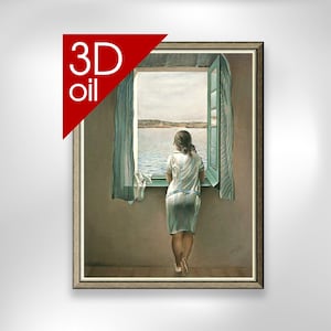 Puede incluir: Una pintura de una mujer de pie en una habitación mirando por una ventana. La mujer lleva un vestido blanco y está de espaldas al espectador. La ventana está abierta y la vista exterior es de una masa de agua. La pintura está realizada en un estilo realista y tiene una paleta de colores apagados.