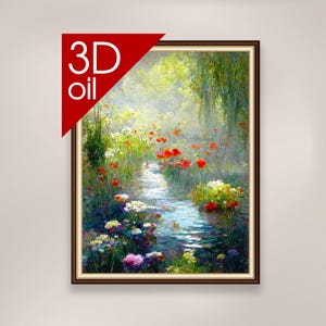 May include: A framed oil painting depicting a stream flowing through a lush meadow with vibrant red poppies and other wildflowers. The painting has a soft, dreamy feel and evokes a sense of peace and tranquility.