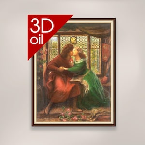 May include: A 3D oil painting of a couple kissing in a window. The man is wearing a red robe and the woman is wearing a green dress. The window is stained glass and has a view of a garden.