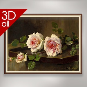May include: A still life painting of pink and white roses on a dark brown tray. The roses are arranged in a cluster with their stems extending to the left and right. The painting is signed "F. Moitelmans" in the lower right corner.