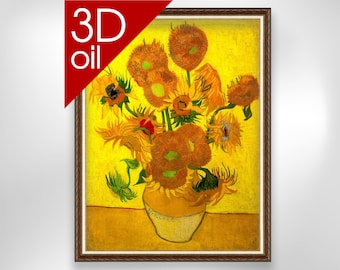 フランス購入　手書き油絵 ゴッホ ひまわり 額付 絵画 インテリア 油彩画 花瓶に入った3本のひまわり - ヴィンセント・ヴァン・ゴッホの手描きの
