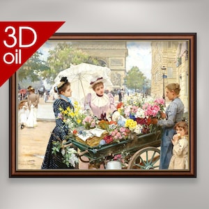 Louis Marie de Schryver - La vendedora de flores en los Campos Elíseos / Impresión al óleo 3D en lienzo con calidad de museo de una pintura del famoso artista