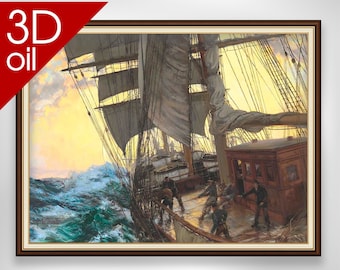 Montague Dawson - Réglage des voiles, paysage marin au coucher du soleil | Impression 3D sur toile, qualité musée, représentant un artiste célèbre