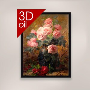 May include: A painting of a bouquet of pink roses in a dark blue vase. The roses are arranged in a loose, natural style, and the vase is decorated with a floral pattern. The background is a warm, golden color.