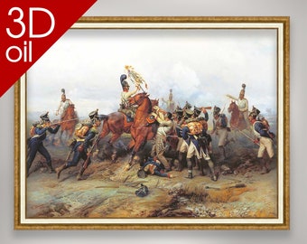 May include: A painting depicting a battle scene with soldiers on horseback and on foot. The soldiers are wearing uniforms and carrying weapons. The painting is set in a field with trees in the background.