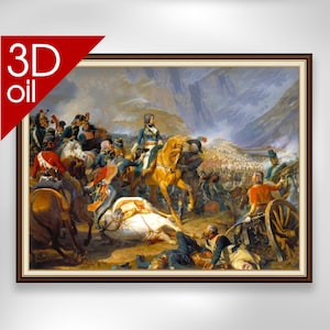 May include: A 3D oil painting depicting a historical battle scene. Soldiers on horseback charge into battle, with smoke and dust filling the air. The painting is set against a mountainous backdrop.