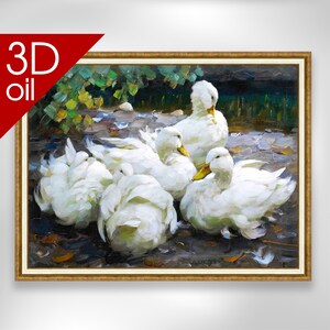 May include: A painting depicting a group of white ducks with yellow beaks, standing on a rocky surface with green foliage in the background.