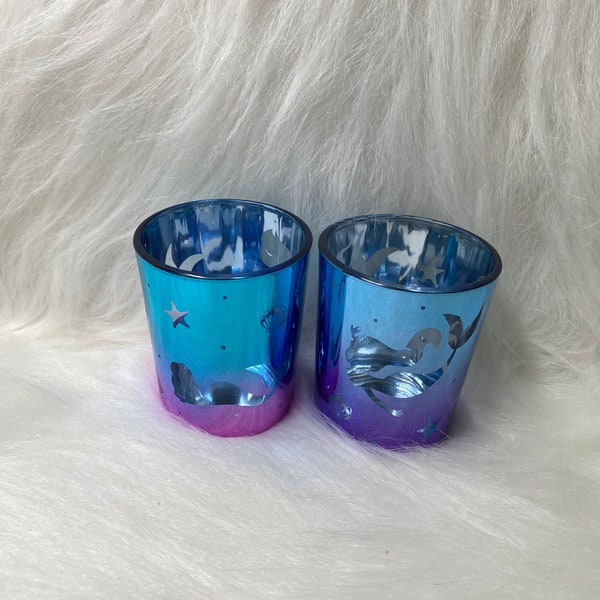 2 Cute Mermaid tea light holders, blue, purple and pink ombré style, 6.75x5.5cm size, Christmas Gift UK seller fast delivery