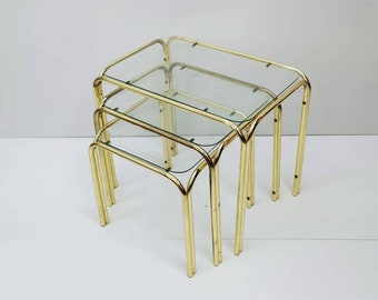 Set of 3 Mid Century Modern Gold brass And Smoked Glass  Stand Table set, Living Room Organiser, or flower table 1960s