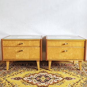 Vintage brich and beech bedside nightstands table set, Germany, 1960S