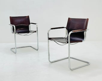 Set of 2 Matteo Grassi visitor chairs in dark brown leather 1970s Italy