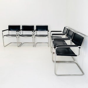 Set of 6 Bauhaus black leather iconic armchairs by mart Stam for Thonet 1980s