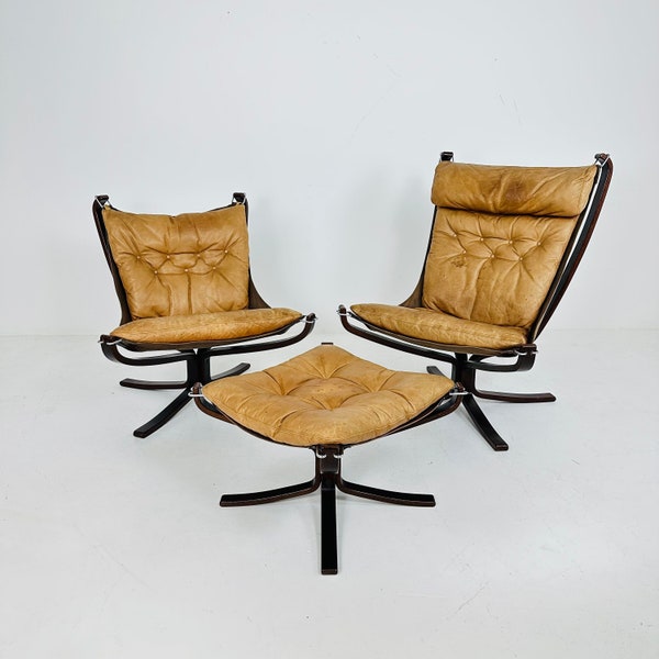 Mid century Falcon chairs and footstools by Sigurd Ressell for Vatne Møbler, 1970s, set of 3