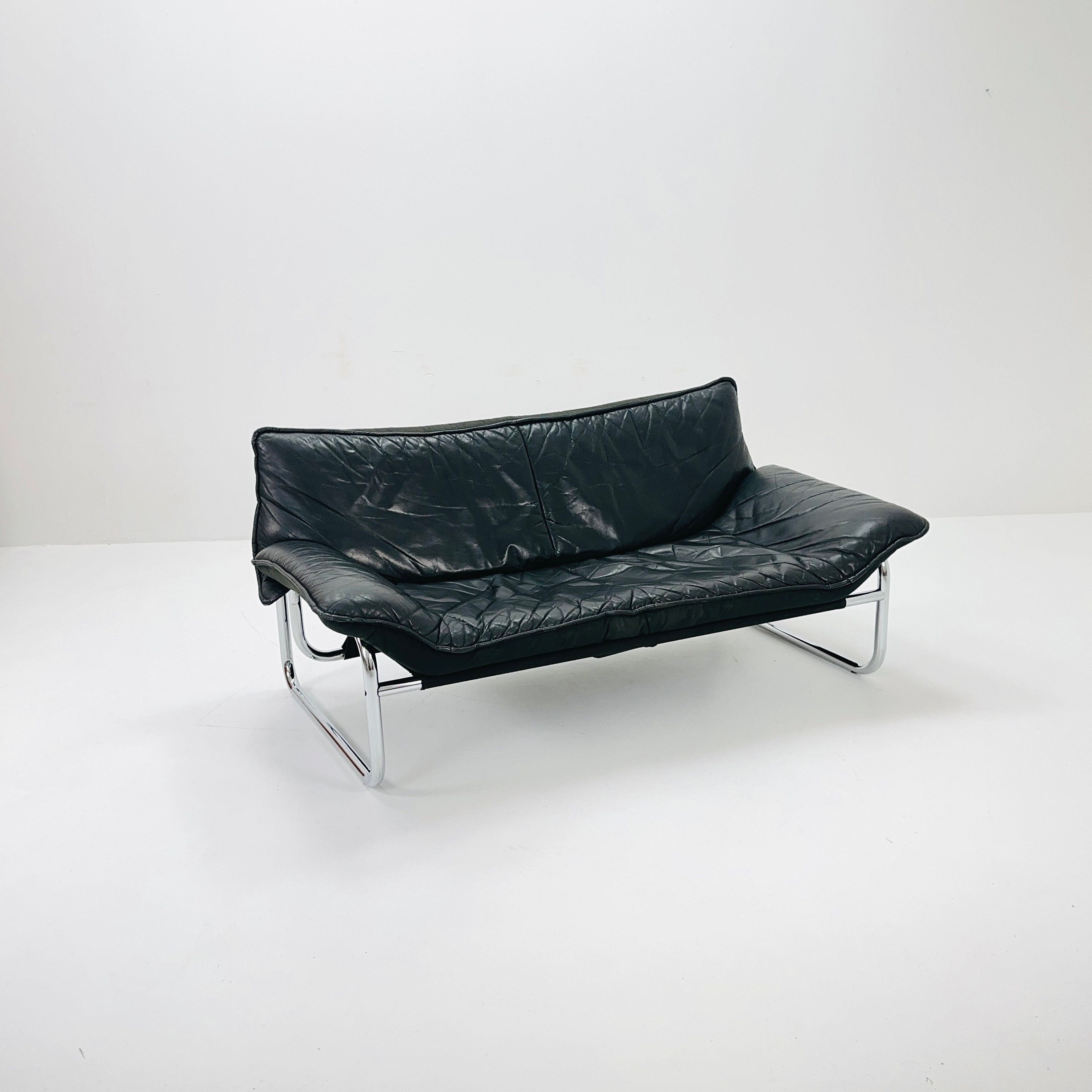 Mid century black leather sofa by Johan Bertil Häggström for Ikea 1980s Sweden