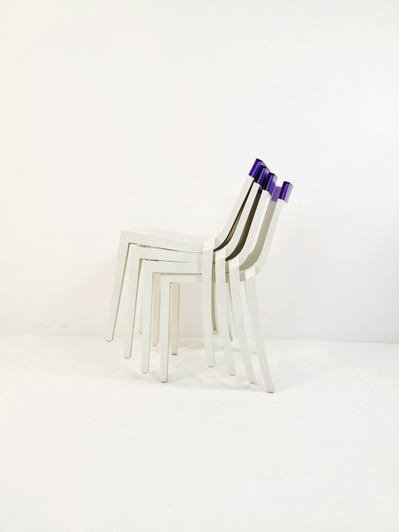 Hi Cut Stackable Chair, White & Violet Lacquered Frame Hi Cut Stackable Chair, White & Violet Lacquered Frame