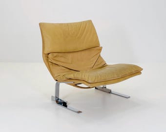 1 of 2 Mid-Century “Wave” Tan leather Lounge Chairs by Giovanni Offredi for Saporiti Italy, 1970s