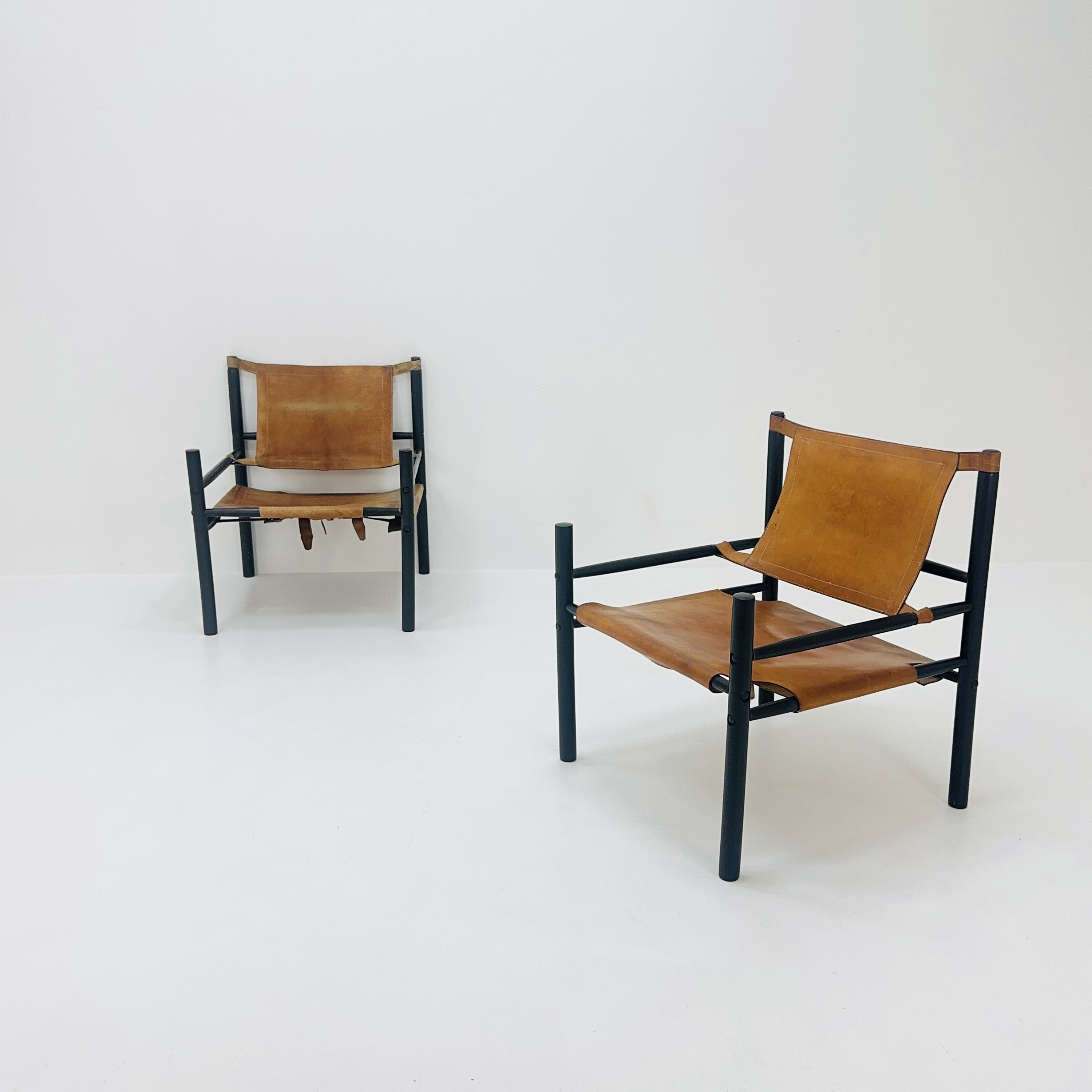 Mid Century Sling Safari Chair Set by Abel Gonzalez Cognac Leather