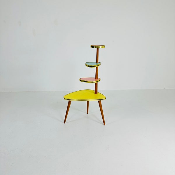 Retro 1950s German Plant Stand, Colorful Vintage Mid-Century Minimalist Indoor Plant Stand Side Table Retro flower table