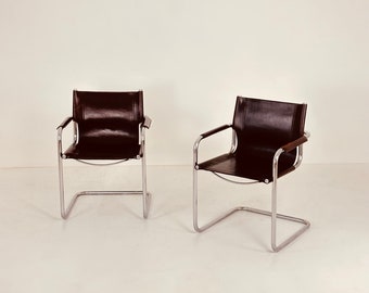 Set of 2 Matteo Grassi visitor chairs in dark brown leather 1970s Italy