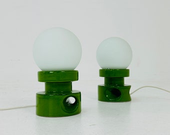 Mid century pair of green ceramic table lamps 1970s