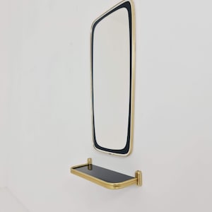 Mid-century Brass & Black Frame Minimalist Mirror and shelf , 1950s, Germany