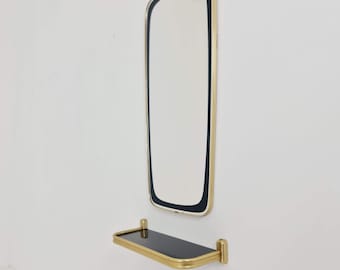 Mid-century Brass & Black Frame Minimalist Mirror and shelf , 1950s, Germany