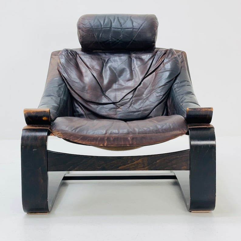 May include: A brown leather armchair with a high back and a wooden frame. The chair has a curved, modern design and is upholstered in a distressed leather.