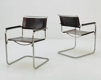 Ensemble de 2 fauteuils iconiques Bauhaus en cuir marron par Mart Stam pour Thonet 1980