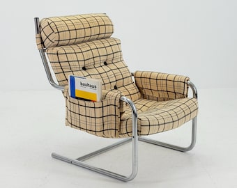 Mid century century Bauhaus tubular canvas armchair with pockets for Tomas Jelinek by IKEA 1980s