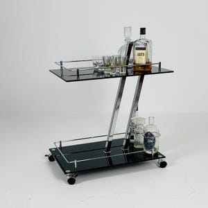 Mid century Italian Bar Cart – Black Glass & Chrome Serving Trolly, 1970s