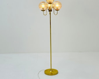 Mid century Hollywood Regency brass floor lamp with 4 brown glass globes 1960s, Italy