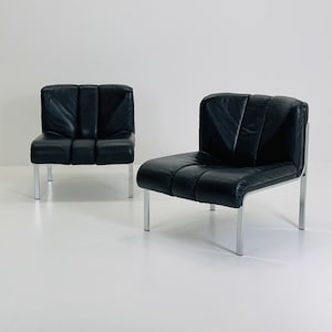 Set of 2 Mid-Century Lounge Chairs by Girsberger Eurochair 1200 in Black Leatther Designed by Hans Eichenberger Switzerland 1980s