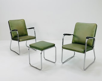 Mid century Original Mauser tubular steel armchairs and ottoman set 1940s Germany