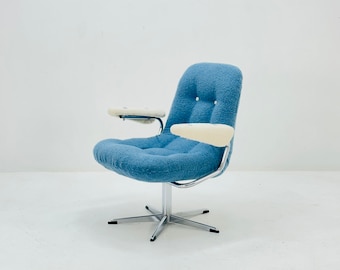Mid century swivel desk chair  with blue &white teddy fabric 1970s