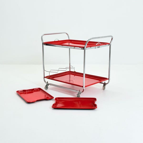 Rare Mid Century Red Metal Bar Trolley by Orck Germany 1980s | Chrome Tea Cart | Iconic MCM serving trolley