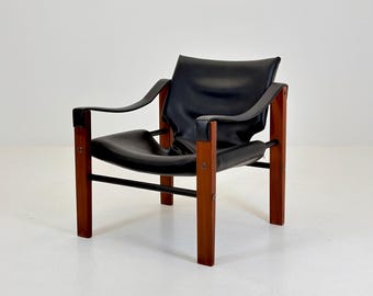 Sillones Safari de cuero negro de mediados de siglo de Arkana, diseñados por Maurice Burke, Reino Unido, década de 1970, Escocia.