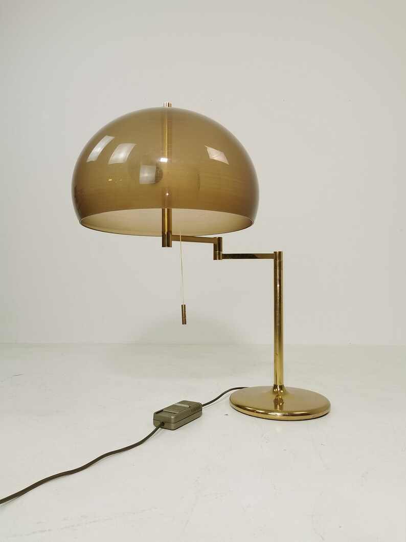 May include: A gold floor lamp with a brown, dome-shaped shade. The lamp has a flexible arm and a pull chain for turning the light on and off.