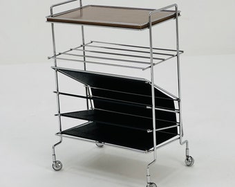 Mid century Bauhaus Rolling magazine holder chrome and black leather-1980s