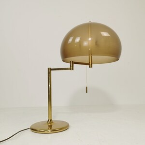 May include: A brass desk lamp with a brown glass shade. The lamp has a flexible arm and a round base.