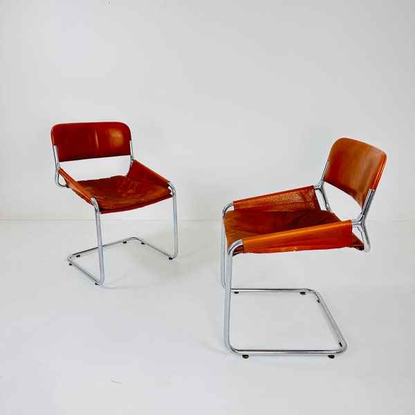 1 of 2 Italian Cognac Leather & Chrome Tubular Sling Chair | 1970s Mid-Century Modern