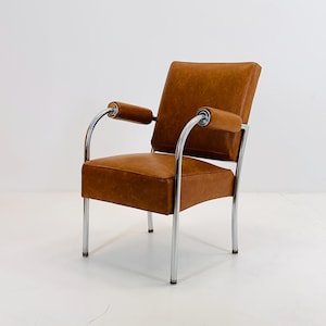 Mid-Century Bauhaus Armchair in Cognac Leather & Chrome by Mücke-Melder Czechoslovakia 1950s