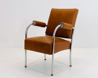 Sillón Bauhaus de mediados de siglo en cuero coñac y cromo de Mücke-Melder, Checoslovaquia, década de 1950