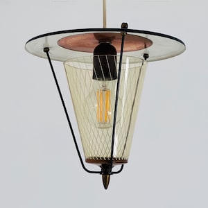 Vintage hanglamp van metaal en opaalglas, jaren 50