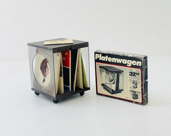 mid century record container, vinyl record shelf, record stand, LP shelf on wheels, phono trolley, by Dietel west Germany 1970a unused box