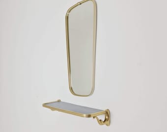 Mid-century Brass & Black Frame Minimalist Mirror and shelf , 1950s, Germany